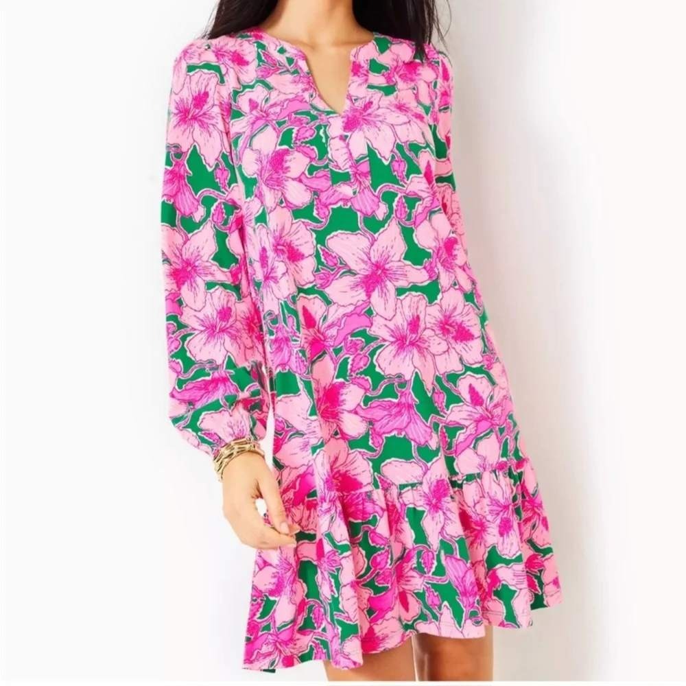 Lilly Pulitzer Alyssa Dress Small Pink Green Hibiscus Floral Cotton Ruffle Mini